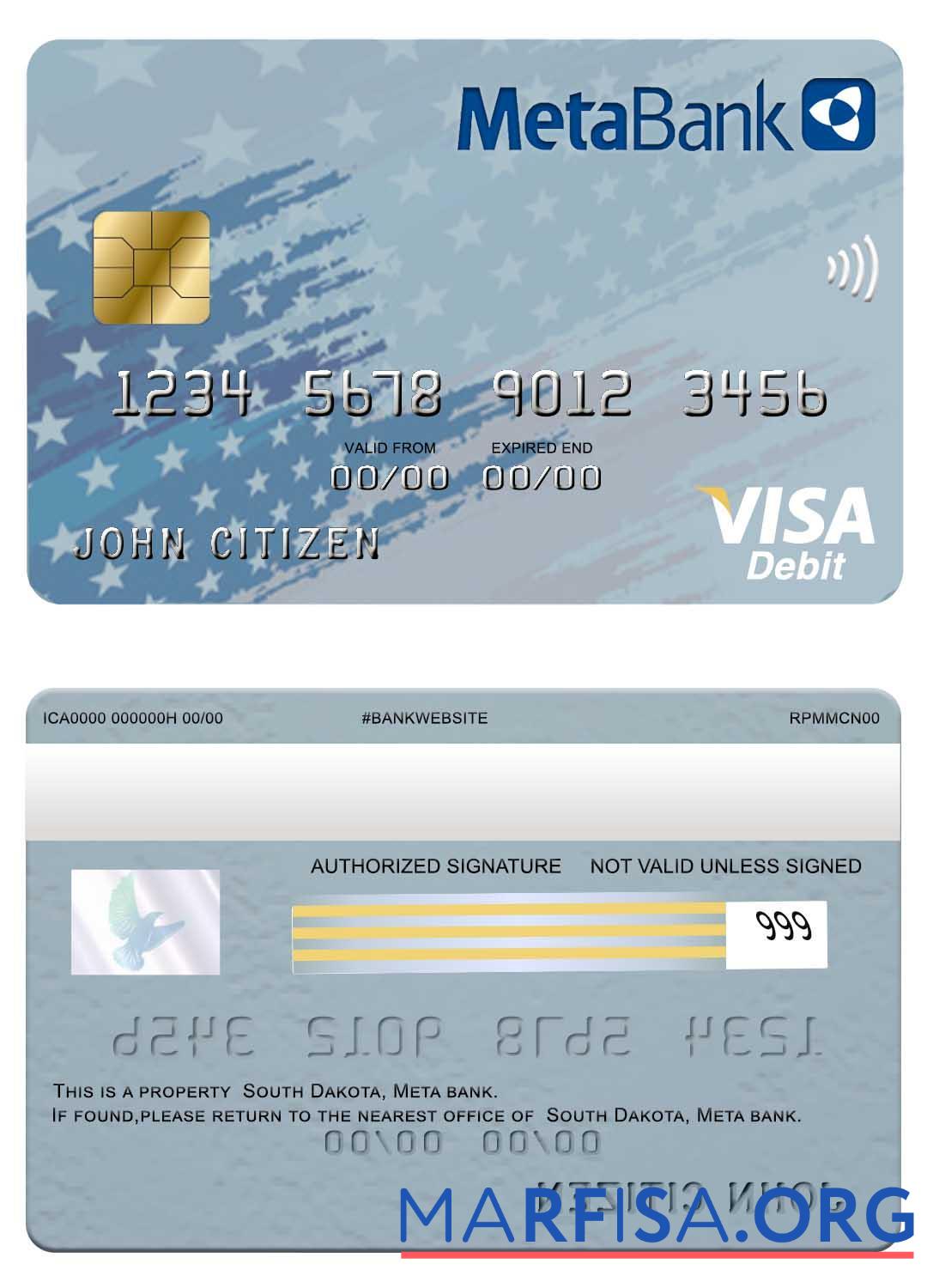 Blank USA South Dakota, Metabank, visa card download for verification